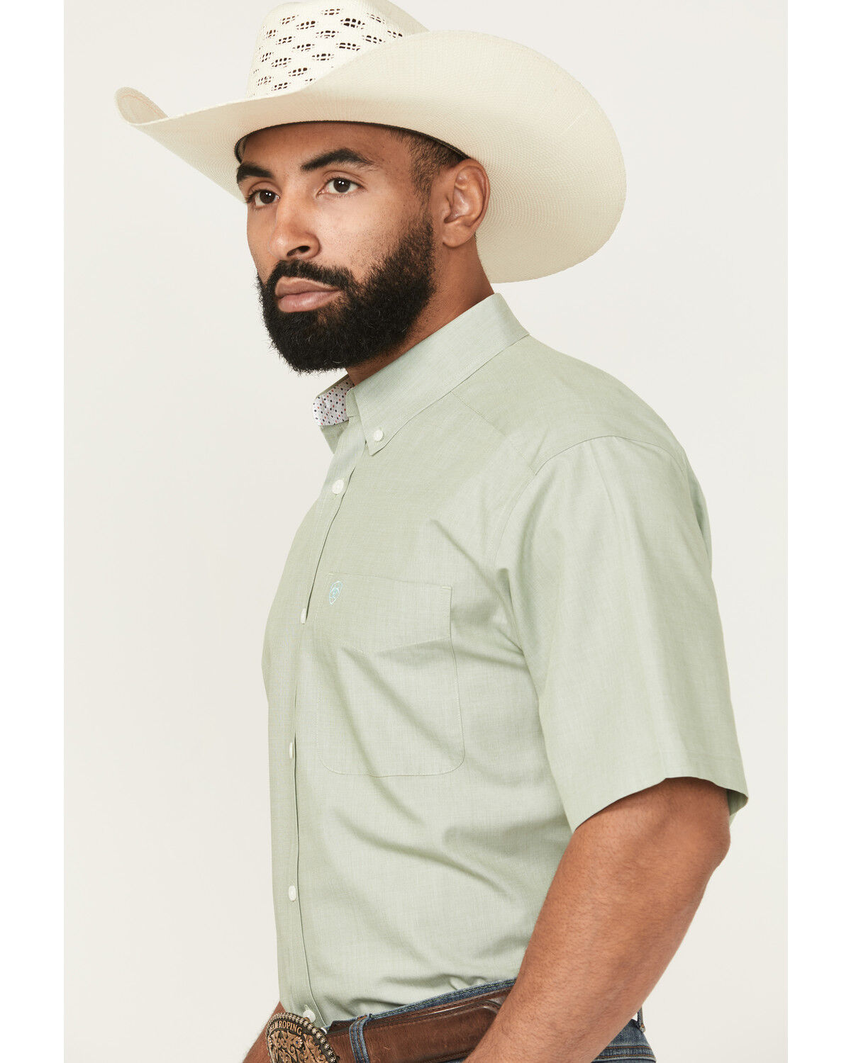 Image #2 - Ariat Men's Wrinkle Free Solid Short Sleeve Button-Down Western Shirt, Sage, hi-res