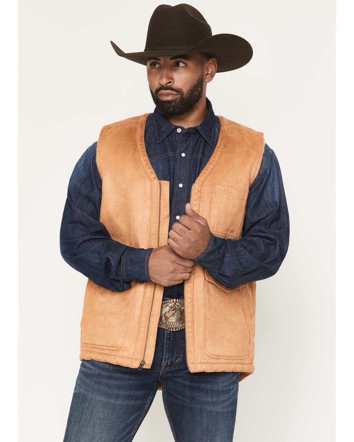 Blue Ranchwear Men's Averill Oilskin Sherpa Lined Vest, Tan, hi-res