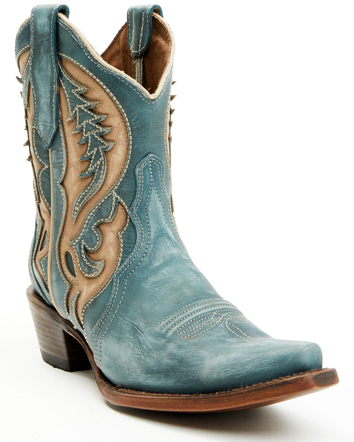 Image #1 - Circle G Women's Distressed Inlay Western Booties - Snip Toe, Blue, hi-res