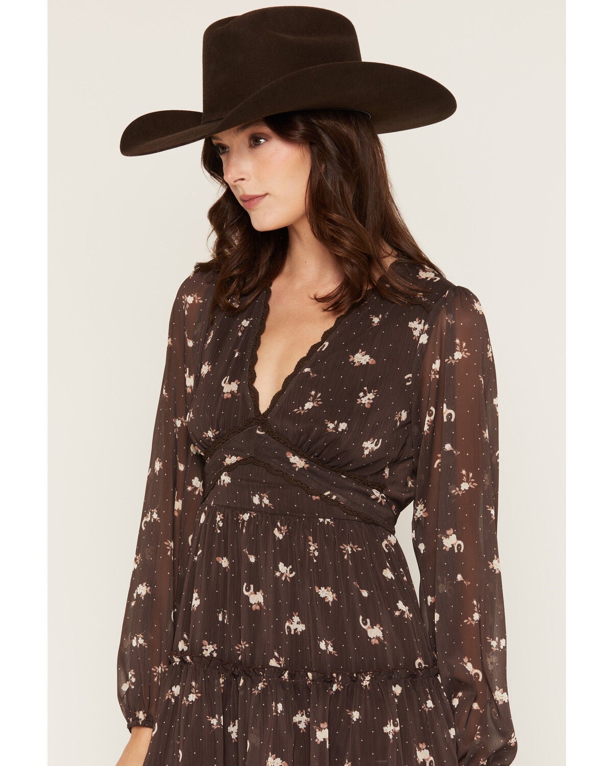 Image #2 - Trixxi Women's Floral Print Polka Dot Long Sleeve Mini Dress, Brown, hi-res