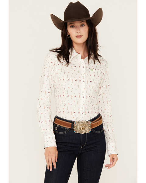 Ariat Women's Kirby Santa Fe Print Long Sleeve Button Down Stretch Western Shirt, White, hi-res