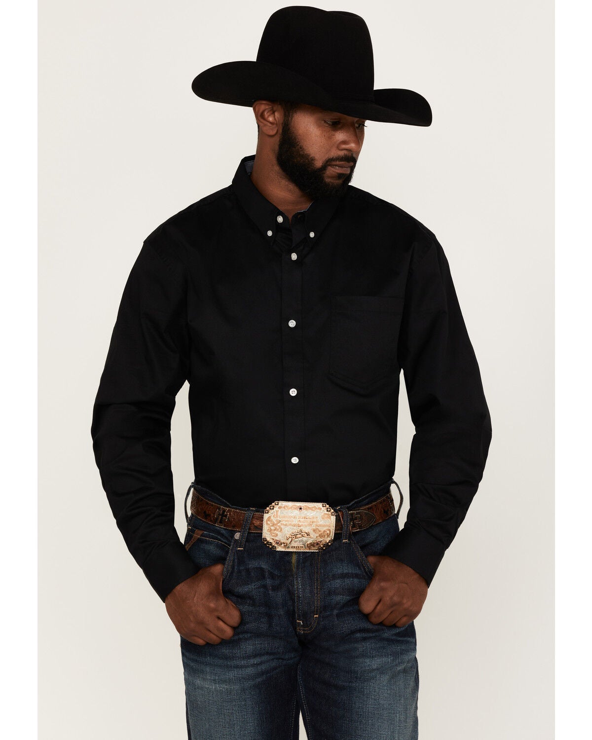 RANK 45&reg; Men's Basic Twill Long Sleeve Button-Down Western Shirt, Black, hi-res