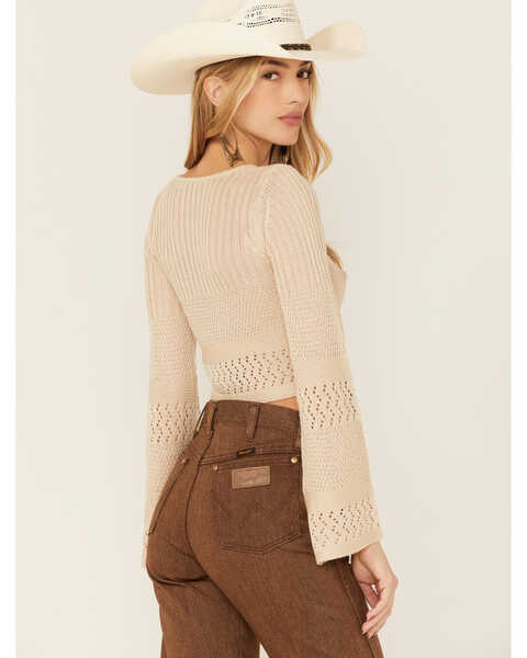 Image #3 - Lush Clothing Cinch Front Pointelle Bell Sleeve Top, Oatmeal, hi-res