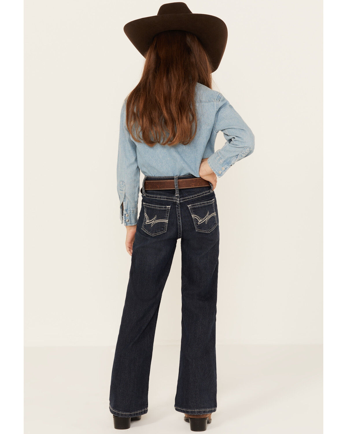 Image #1 - Wrangler Girls' "W" Swish Embroidery Bootcut Jeans, Indigo, hi-res