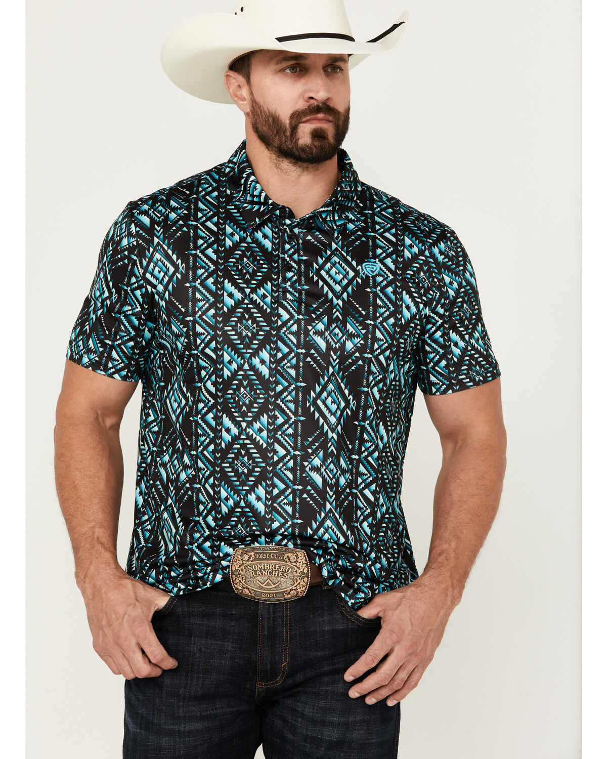 Image #1 - Rock & Roll Denim Men's Boot Barn Exclusive Southwestern Print Short Sleeve Polo Shirt, Turquoise, hi-res