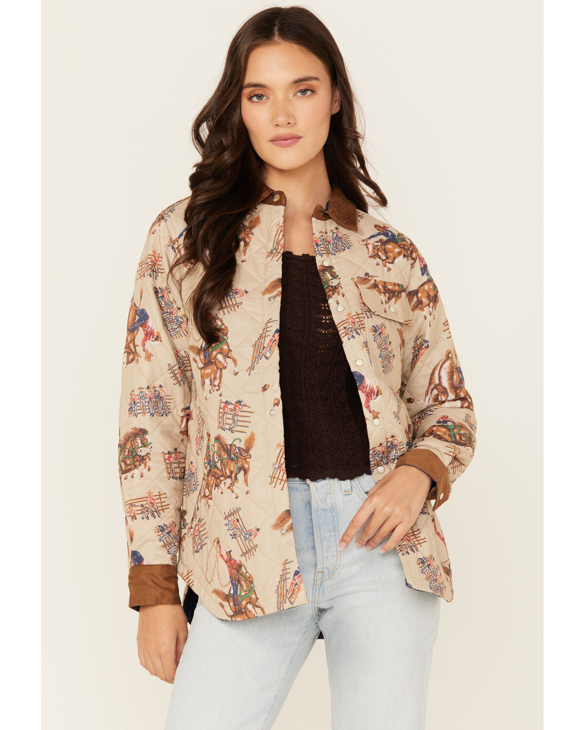 Image #1 - Tasha Pollizzi Women's Rodeo Conversation Print Snap Quilted Jacket, Tan, hi-res
