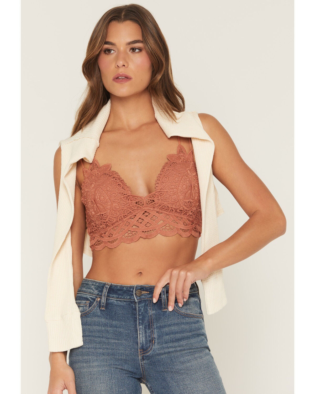 Image #1 - Wishlist Women's Strappy Lace Applique Scallop Lace Bralette, Rust Copper, hi-res