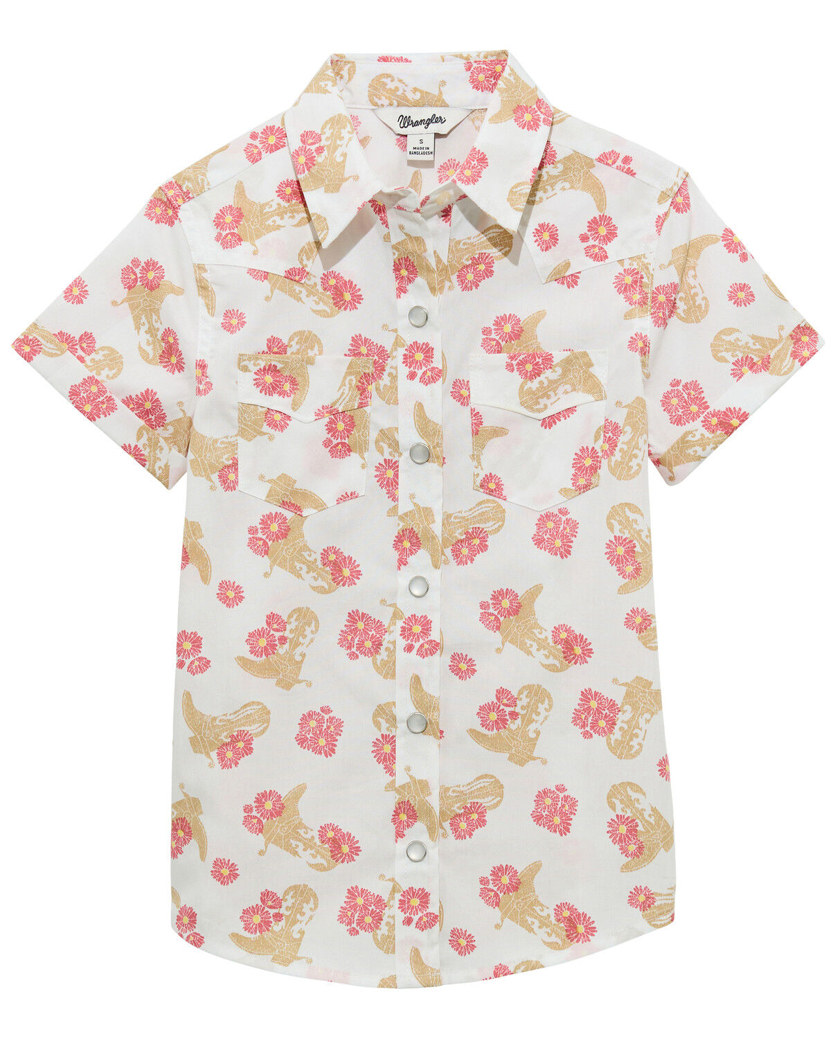 Image #1 - Wrangler Girls' Floral Print Short Sleeve Snap Western Shirt, White, hi-res