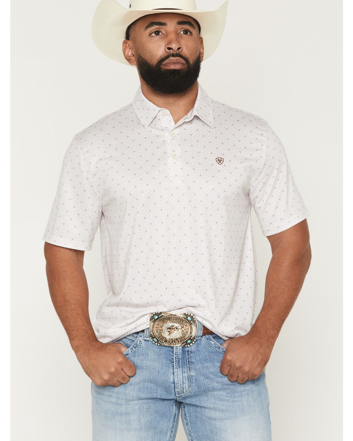 Image #1 - Ariat Men's Steer Print Short Sleeve Polo, White, hi-res