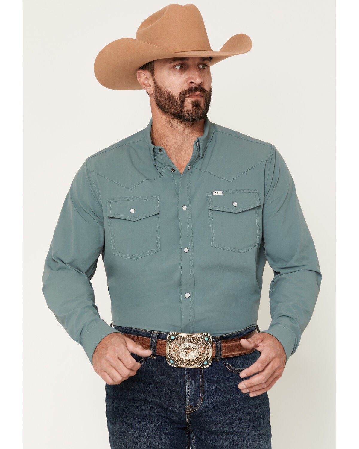 Ferrell Men's Tek Solid Short Sleeve Pearl Snap Stretch Performance Western Shirt, Blue, hi-res