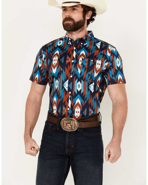 Image #1 - RANK 45® Men's Raflame Southwestern Print Button-Down Stretch Western Shirt , Dark Orange, hi-res