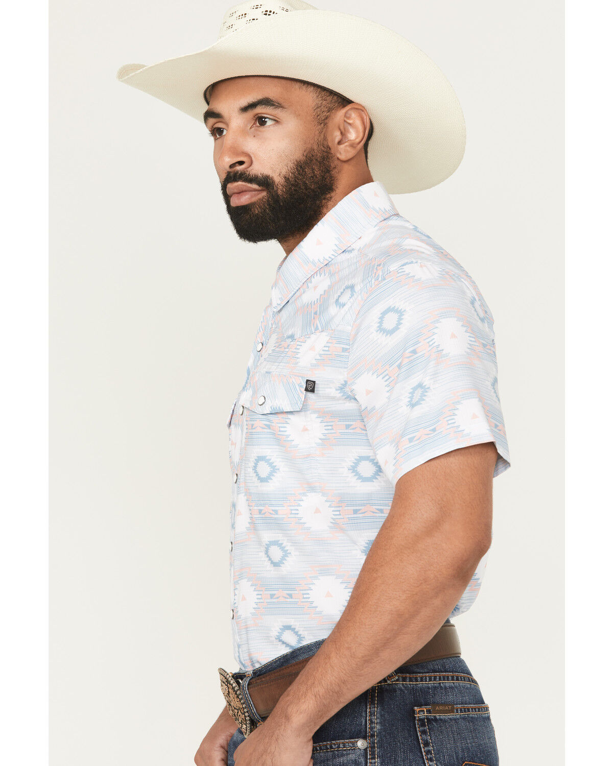 Image #2 - Rock & Roll Denim Men's Tek Southwestern Print Short Sleeve Snap Stretch Western Shirt, Light Blue, hi-res