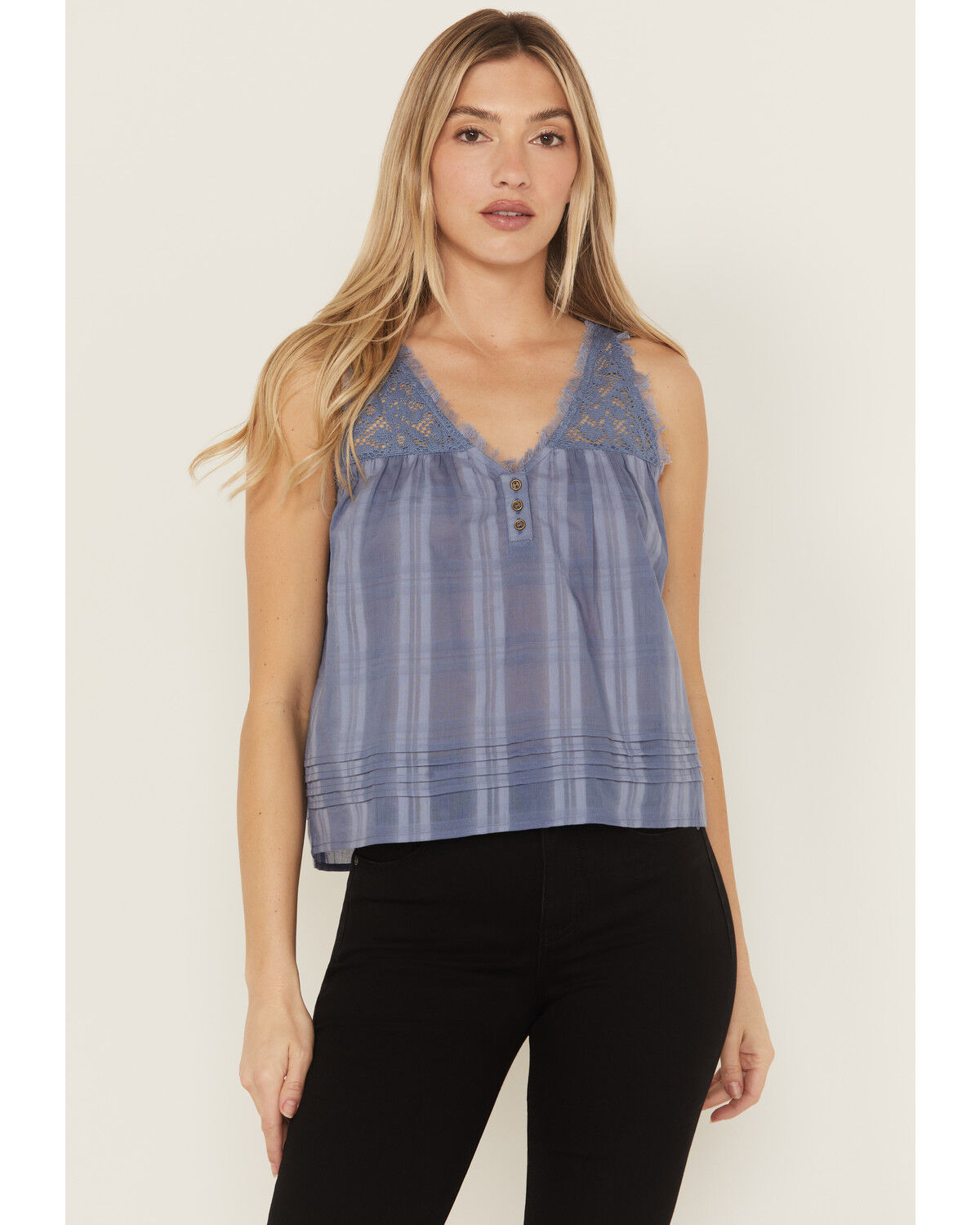 Image #1 - Cleo + Wolf Women's Evelyn Lace Inset Tonal Tank Top, Steel Blue, hi-res