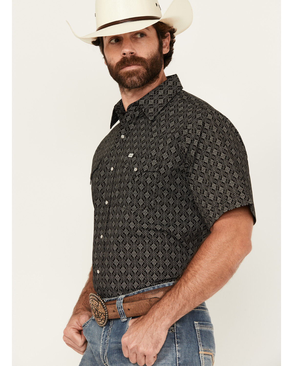 Image #2 - Ely Walker Men's Geo Print Short Sleeve Snap Western Shirt - Tall, Black, hi-res