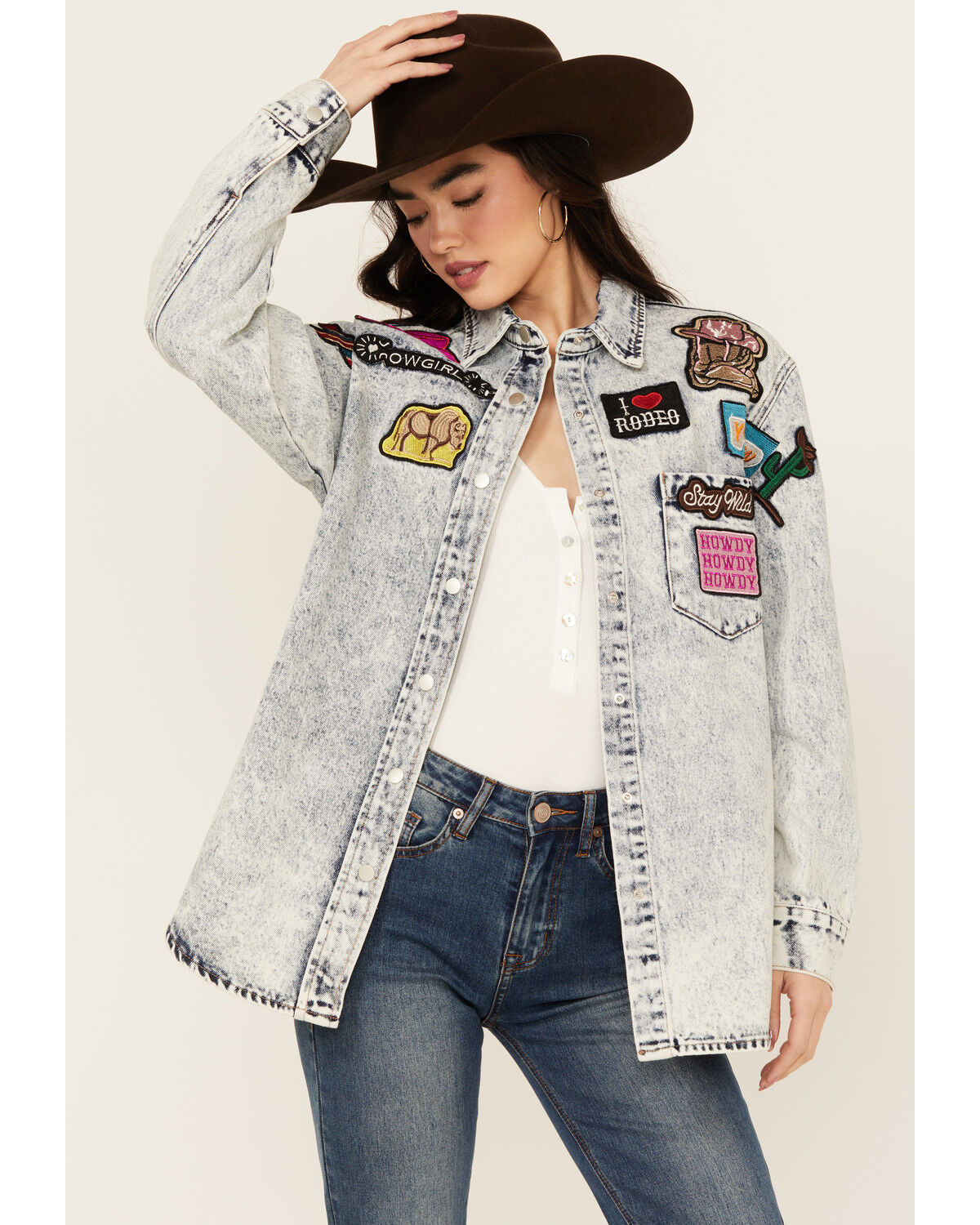 Image #1 - Blue B Women's Western Patchwork Snap Denim Shacket, Light Wash, hi-res