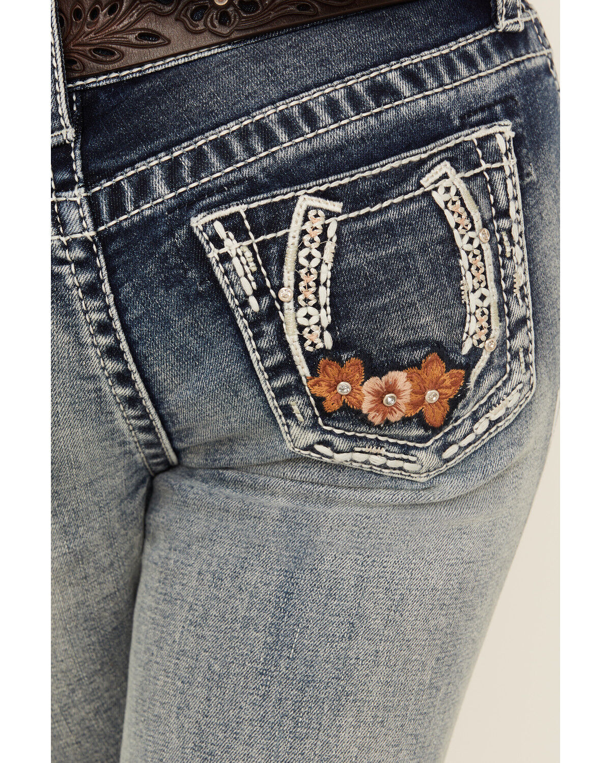 Image #2 - Grace in LA Girls' Light Wash Horseshoe Floral Bootcut Denim Jeans, Light Wash, hi-res