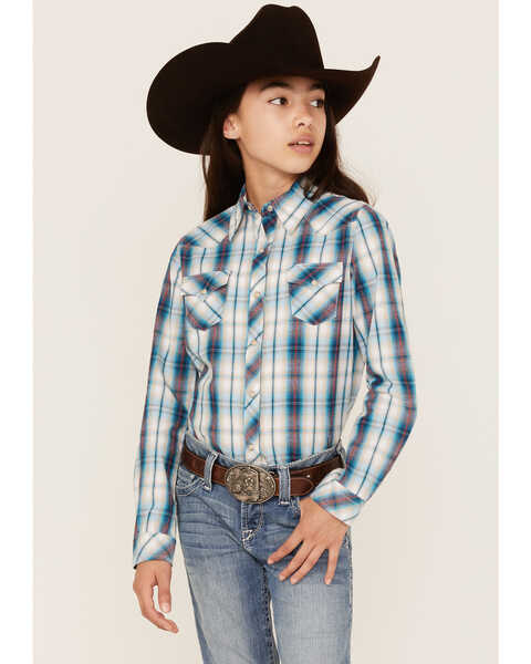 Roper Girls' West Made Plaid Print Long Sleeve Western Snap Shirt, Blue, hi-res