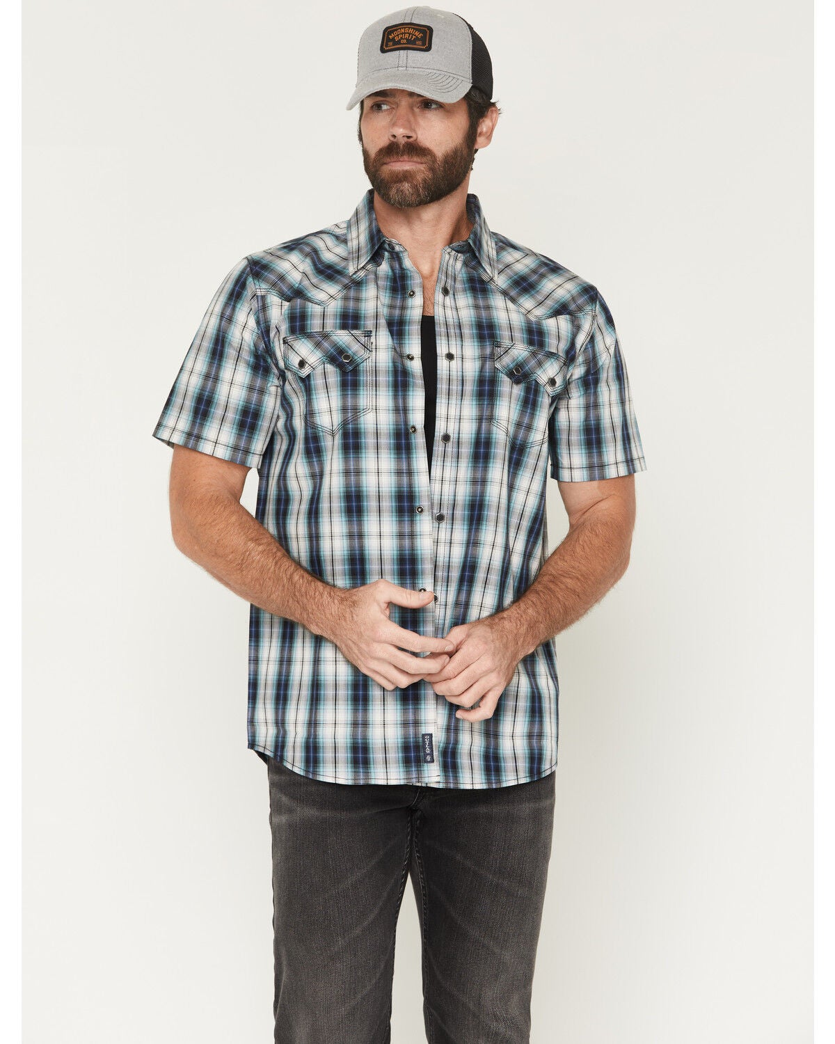 Image #1 - Moonshine Spirit&reg; Men's Purple Hazer Plaid Print Short Sleeve Snap Western Shirt, Blue, hi-res