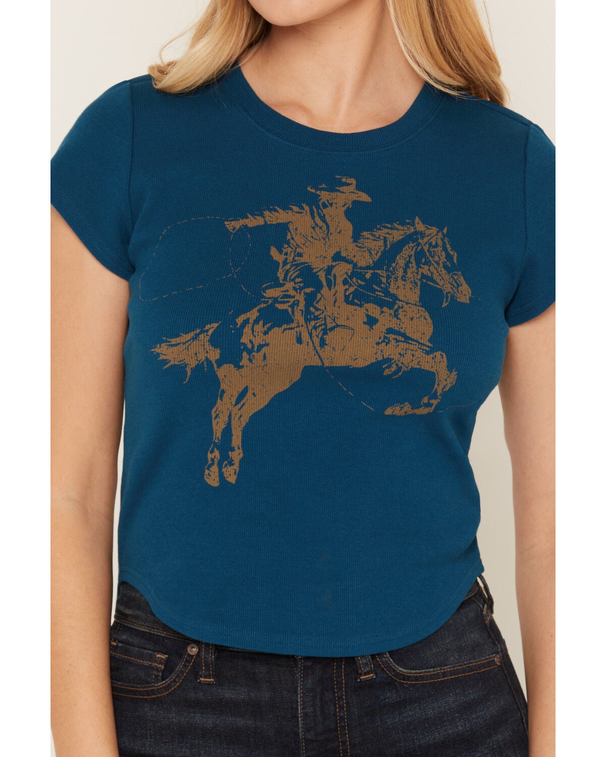 Image #3 - Shyanne Women's Ropin Cowboy Horse Ribbed Baby Tee, Navy, hi-res