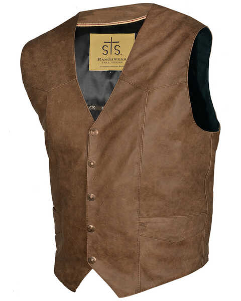 STS Ranchwear Men's Antique Brown Leather Chisum Vest - Big , Brown, hi-res