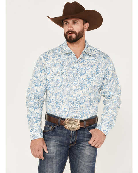 Wrangler Men's Paisley Print Long Sleeve Snap Western Shirt, Blue, hi-res