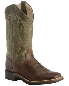 Old West Children's Stitched Olive Cowboy Boots - Square Toe, Barnwood, hi-res