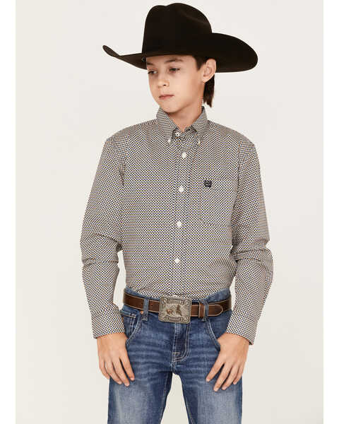 Image #1 - Cinch Boys' Dotted Geo Print Long Sleeve Button-Down Shirt, Multi, hi-res