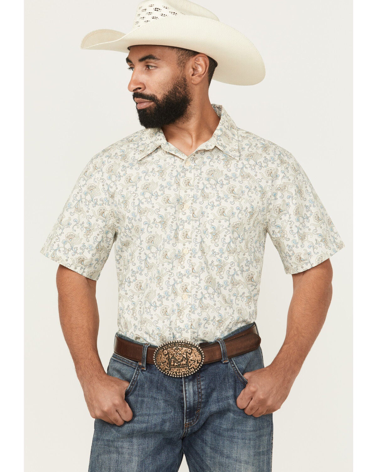 Gibson Trading Co Men's Groovy Floral Print Short Sleeve Button-Down Western Shirt, Ivory, hi-res