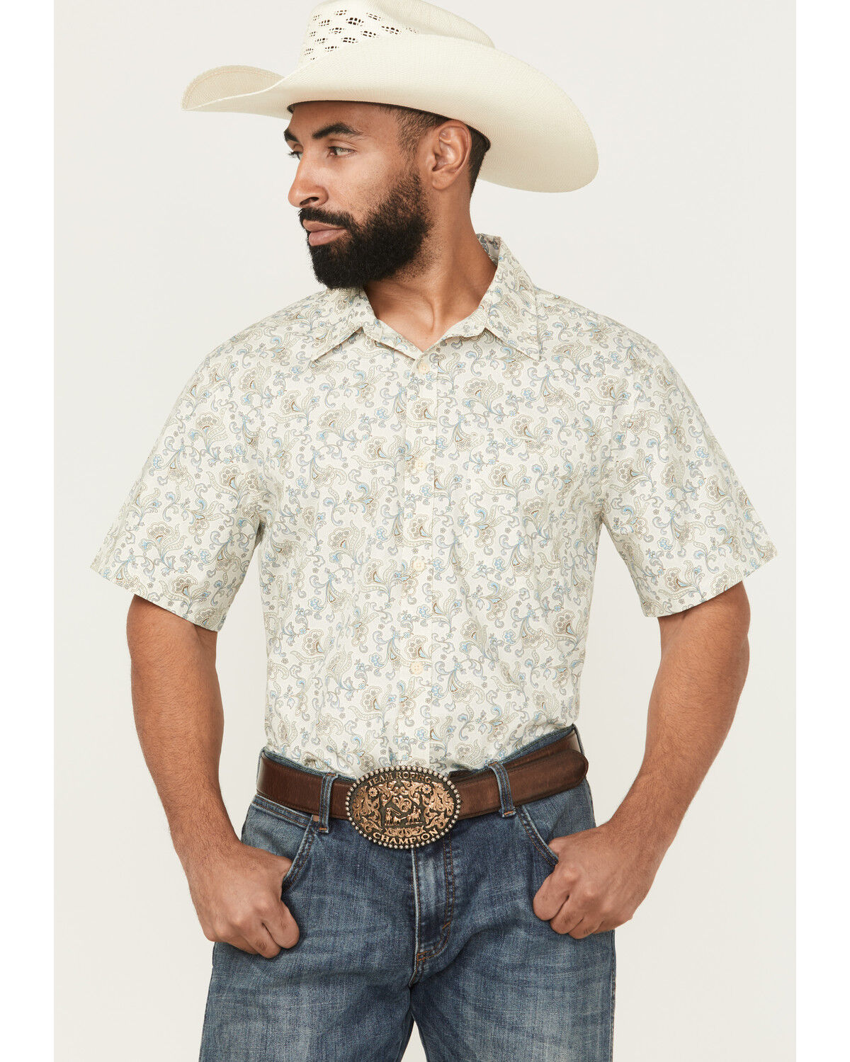 Image #1 - Gibson Trading Co Men's Groovey Floral Print Short Sleeve Button-Down Western Shirt, Ivory, hi-res