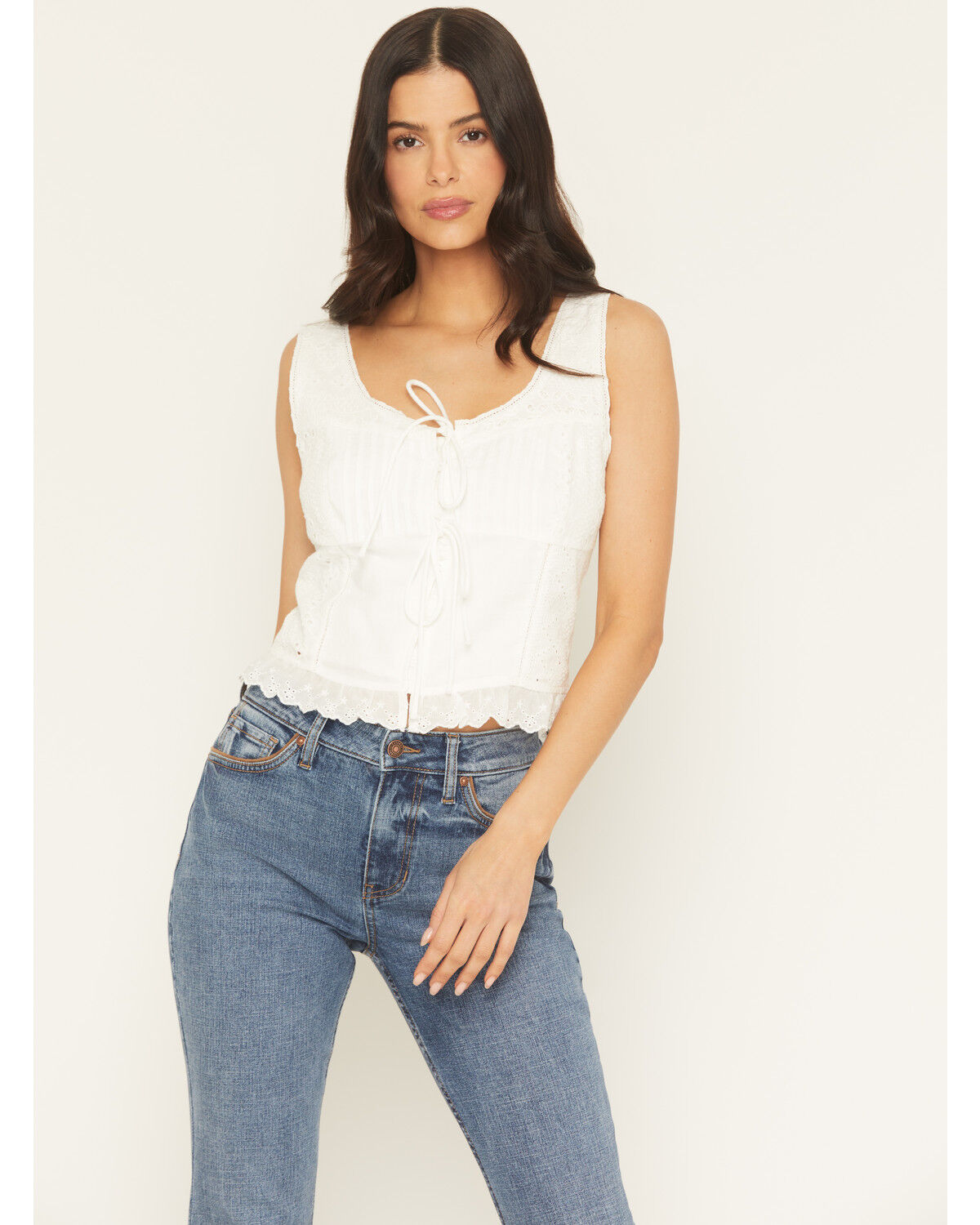 Image #1 - Miss Me Women's Eyelet Sleeveless Tie Front Top, White, hi-res