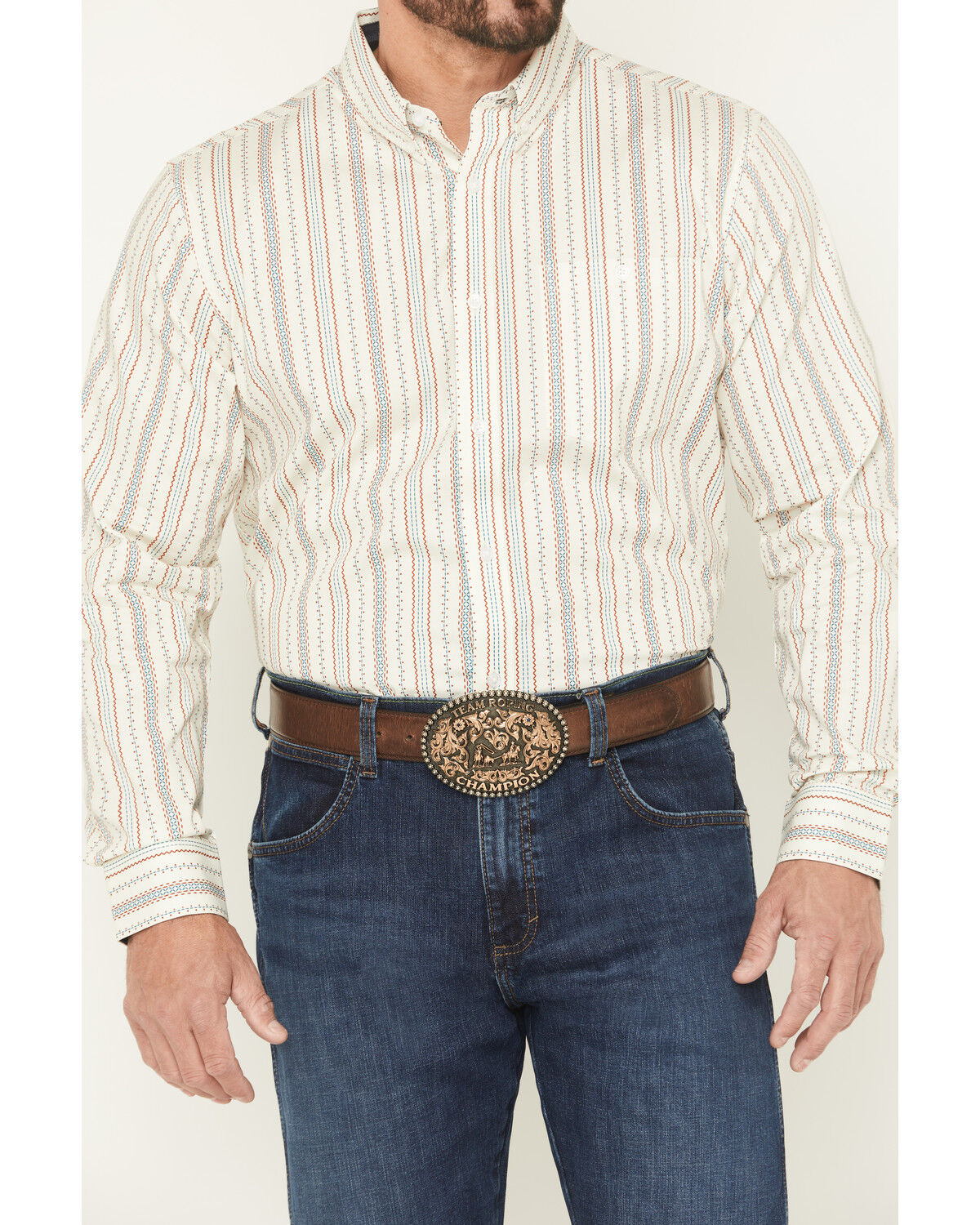 Image #3 - RANK 45® Men's Rocky Peak Striped Long Sleeve Button-Down Stretch Western Shirt, Cream, hi-res