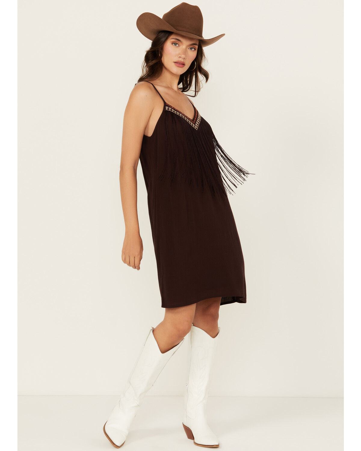 Image #1 - Shyanne Women's Embroidered Fringe Sleeveless Mini Dress, Chocolate, hi-res