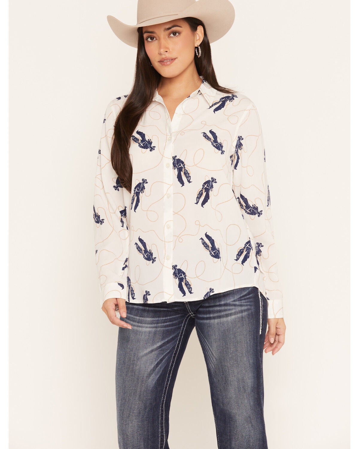 Image #1 - Ariat Women's Buckaroo Boss Homestyle Long Sleeve Button-Down Western Shirt, White, hi-res