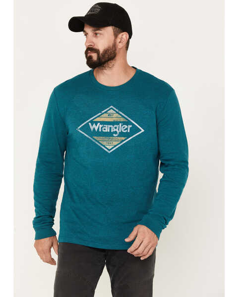 Wrangler Men's Triangle Frame Logo Long Sleeve Graphic T-Shirt , Teal, hi-res