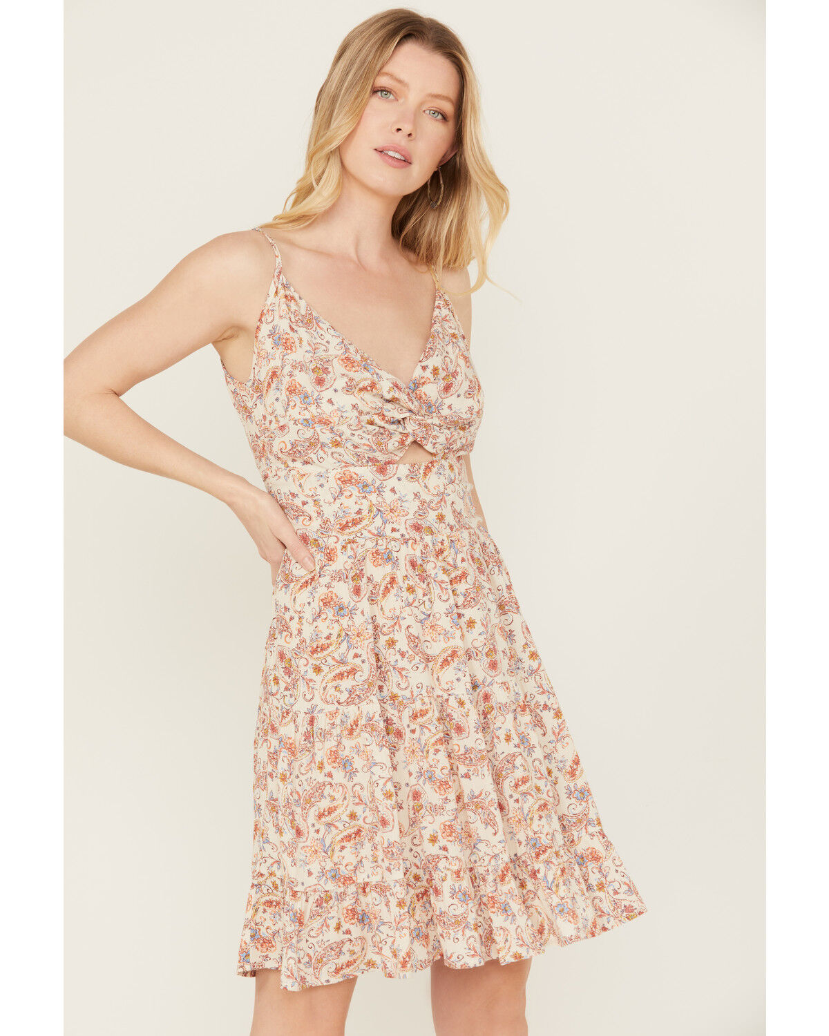Image #2 - Wild Moss Women's Floral Print Front Knot Mini Dress, Ivory, hi-res