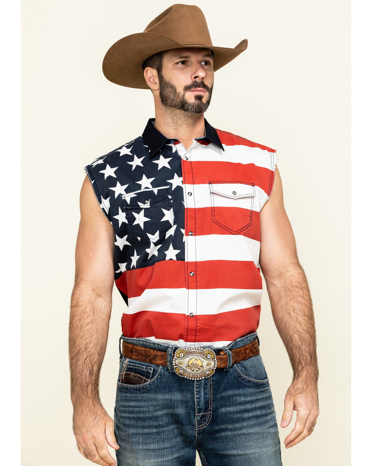 Cody James Men's American Flag Bubba Sleeveless Western Shirt, Red, hi-res
