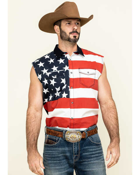 Image #1 - Cody James Men's American Flag Bubba Sleeveless Western Shirt , Red, hi-res