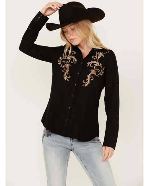 Roper Women's Floral Embroidered Long Sleeve Snap Stretch Western Shirt , Black, hi-res