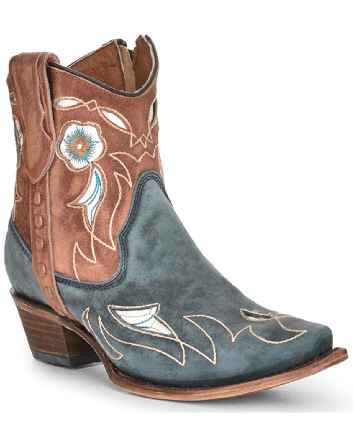 Image #1 - Corral Women's Shedron Floral Inlay Western Ankle Boots - Snip Toe, Blue, hi-res