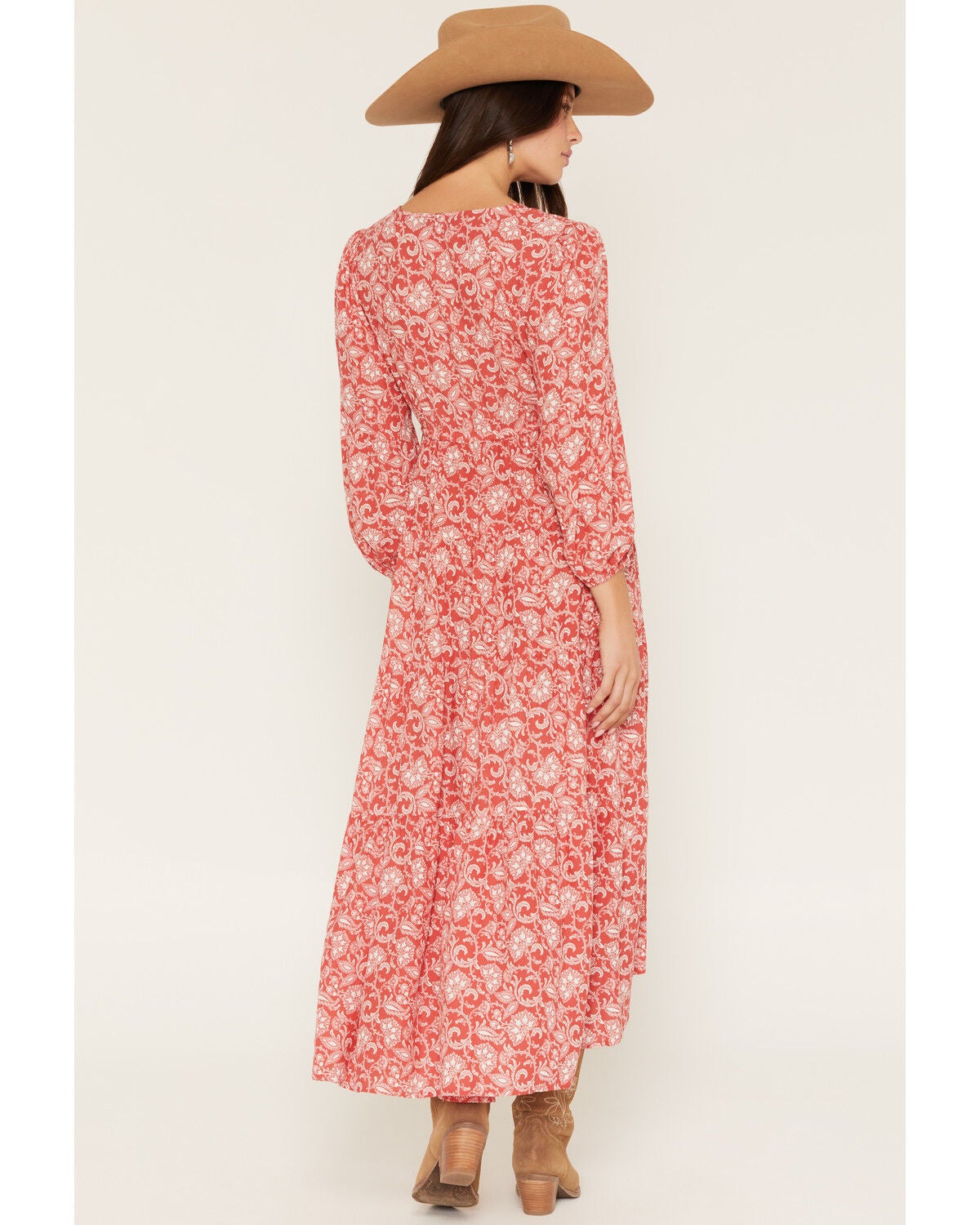 Image #4 - Panhandle Slim Women's Floral Paisley Print Long Sleeve Midi Dress, Red, hi-res