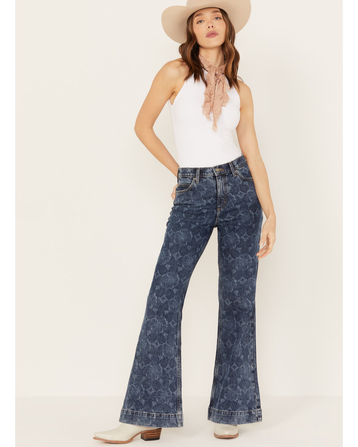 Image #1 - Lee Women's Medium Wash Mid Rise Floral Flare Jeans, Blue, hi-res