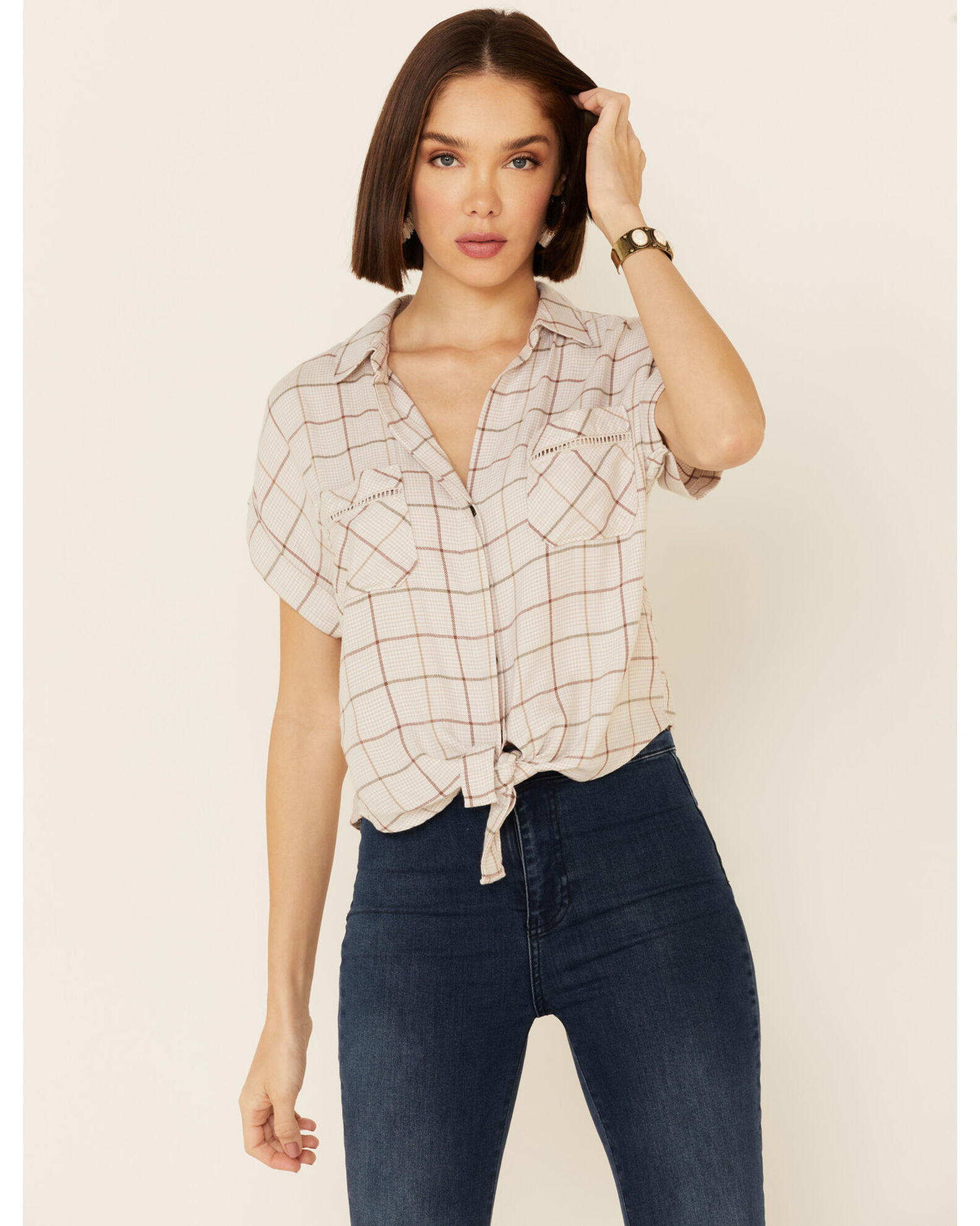 Shyanne Women s Windowpane Plaid Tie Front Short Sleeve Western Shirt