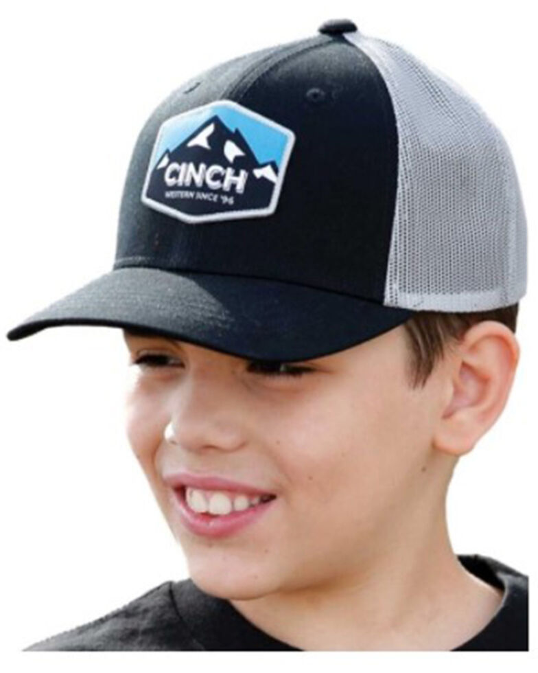 Cinch Boys' Black & Grey Mountain Logo Patch Flex-Fit Mesh Back Trucker Cap , Black, hi-res