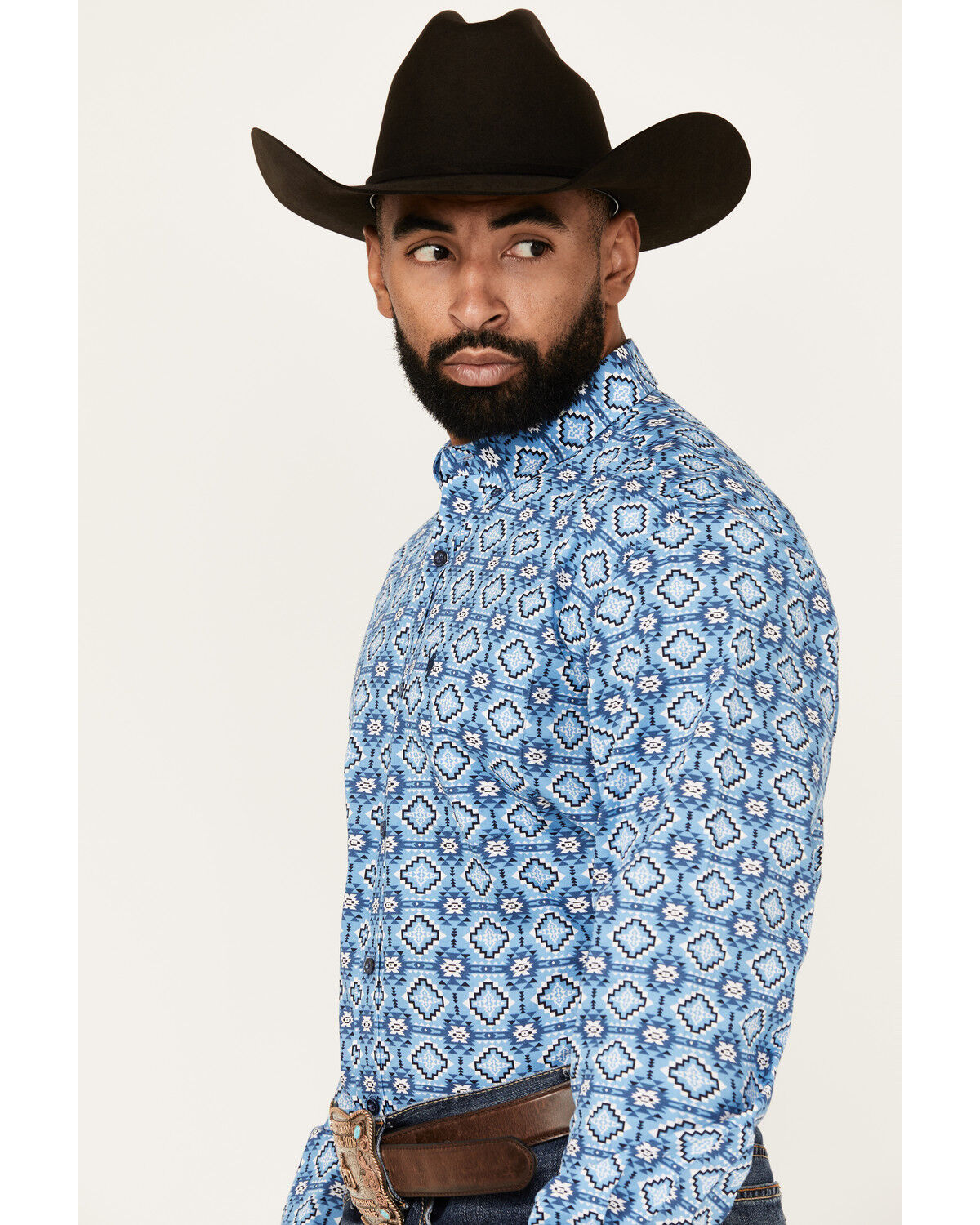 Image #2 - Rodeo Clothing Men's Southwestern Print Long Sleeve Button-Down Western Shirt, Blue, hi-res