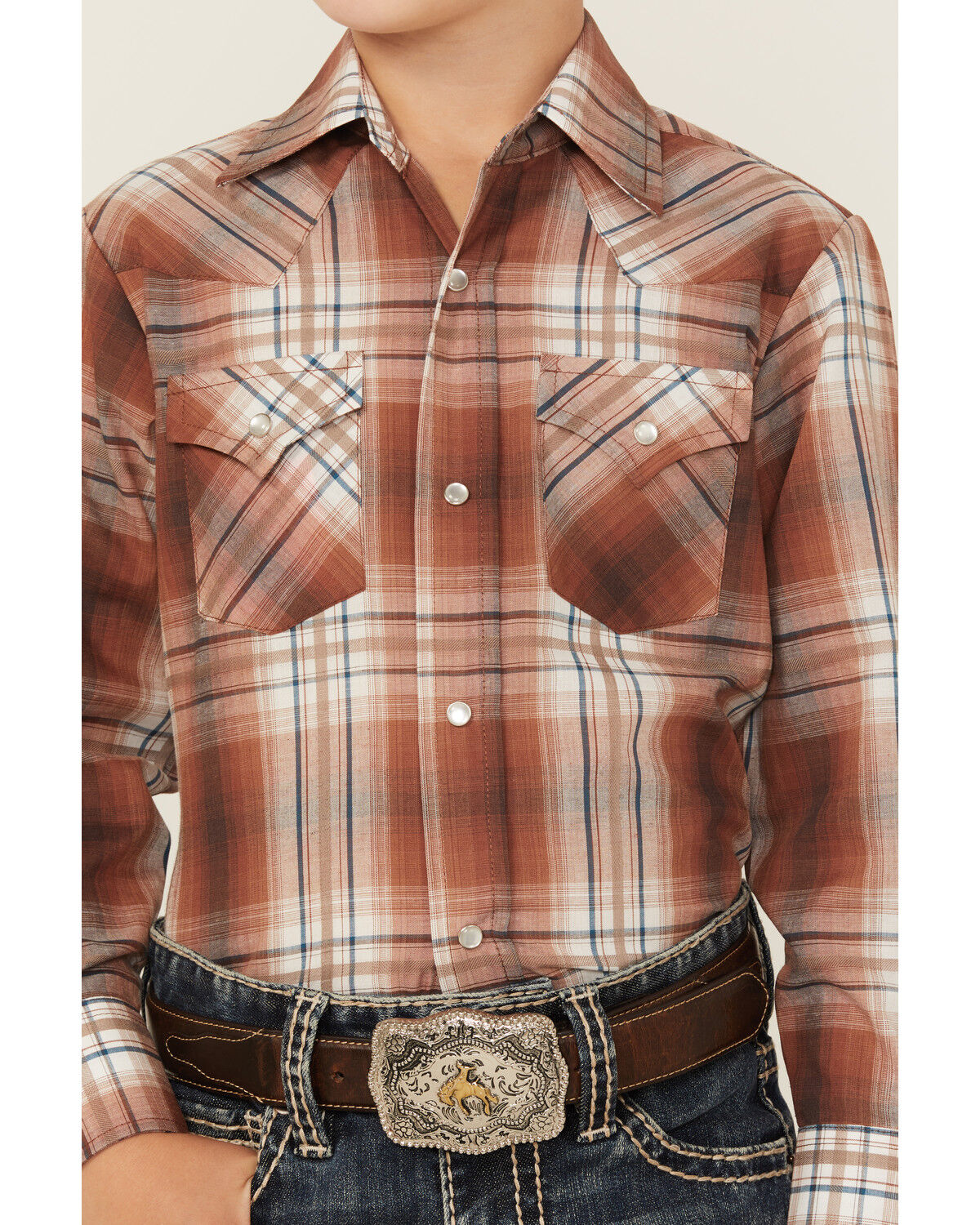 Image #3 - Ely Walker Boys' Plaid Print Long Sleeve Pearl Snap Western Shirt, Rust Copper, hi-res