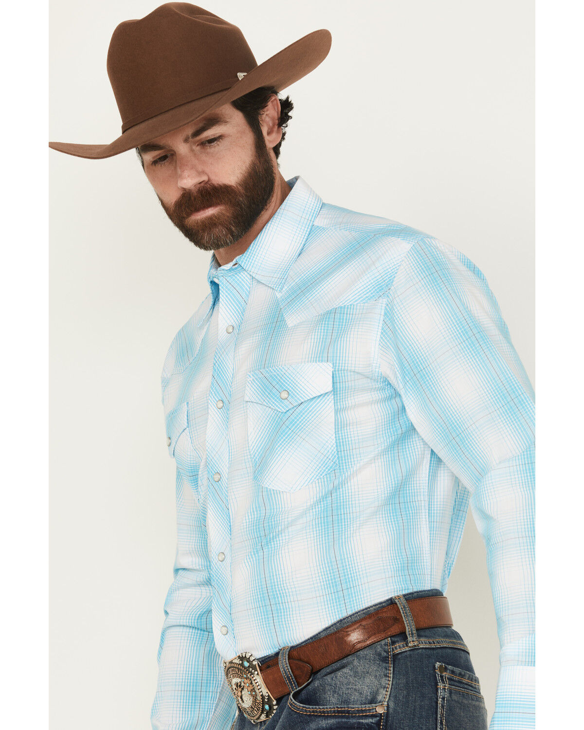 Image #2 - Wrangler Men's 20X Plaid Print Long Sleeve Snap Stretch Western Shirt, Turquoise, hi-res