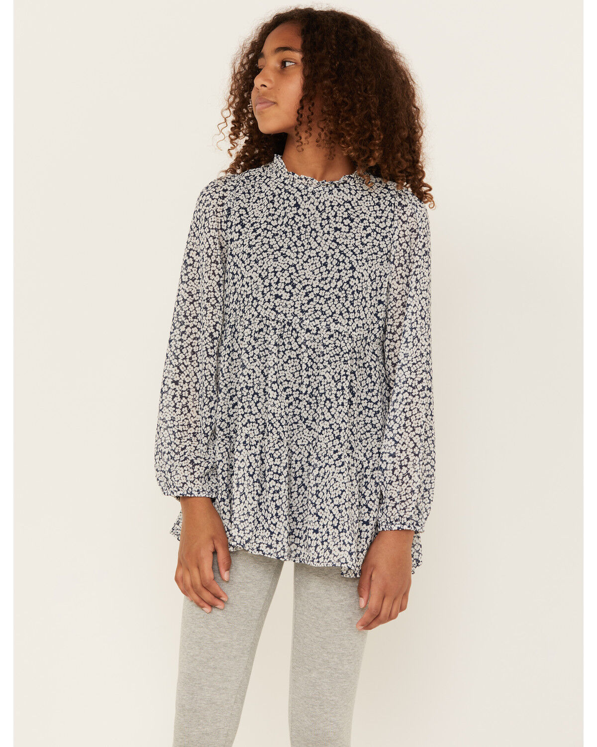 Image #1 - Hayden Girls' Ditsy Floral Long Sleeve Ruffle Top, Blue, hi-res