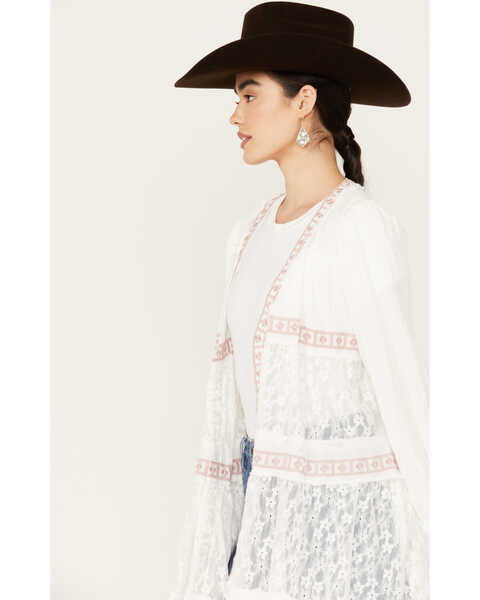 Image #2 - POL Women's Tiered Ditsy Print Long Sleeve Kimono , White, hi-res