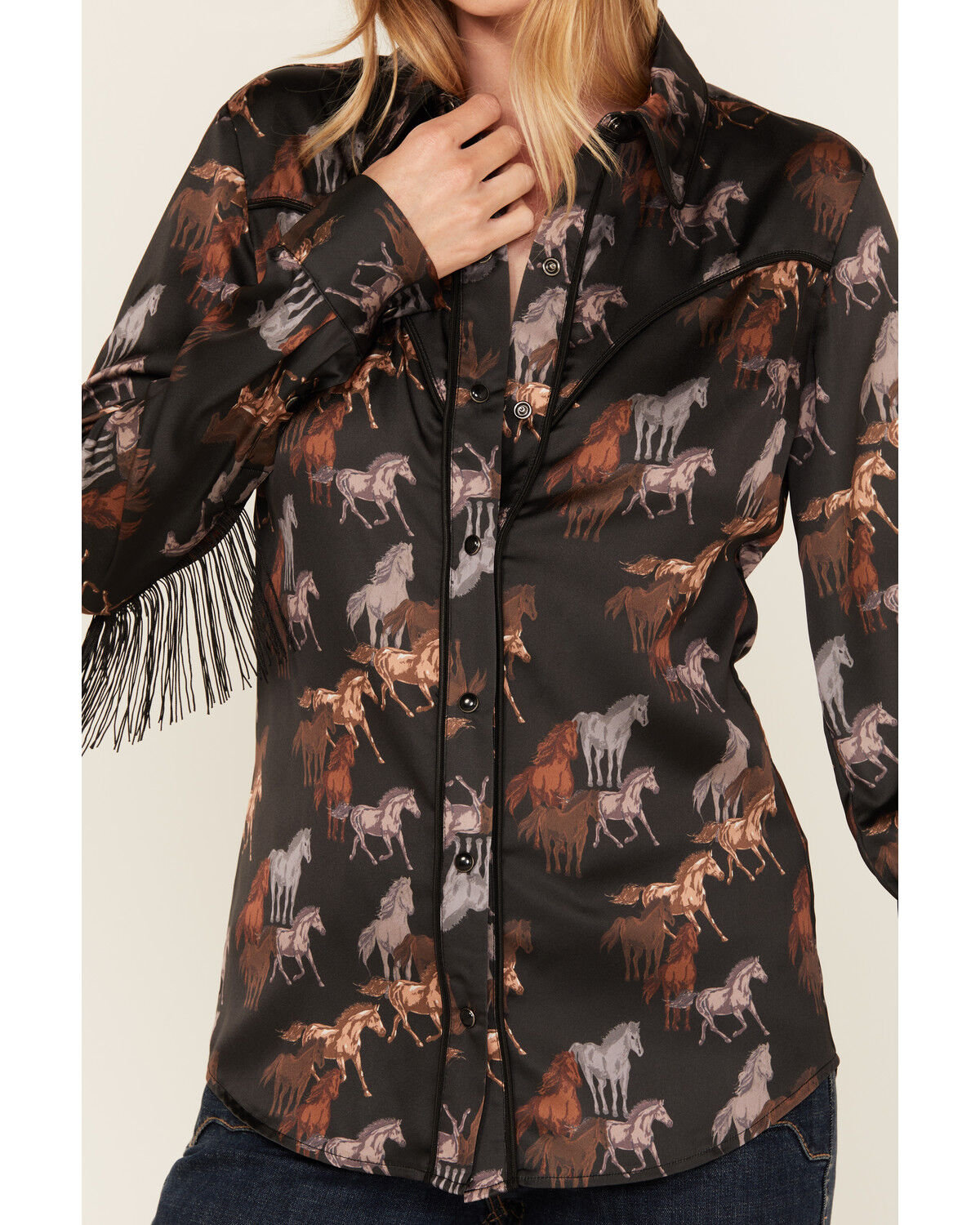 Image #3 - Rock & Roll Denim Women's Horse Print Fringe Long Sleeve Snap Stretch Western Shirt, Black, hi-res