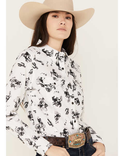 Image #2 - Wrangler Women's Long Sleeve Rodeo Print Snap Western Shirt, White, hi-res